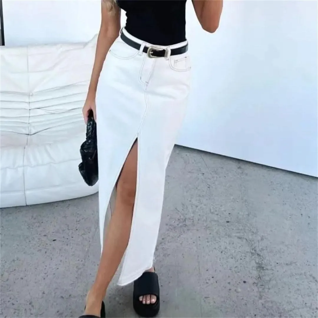 Women's A-LINE High Waisted Slit Jean Skirt Solid Long Denim Jean Skirt