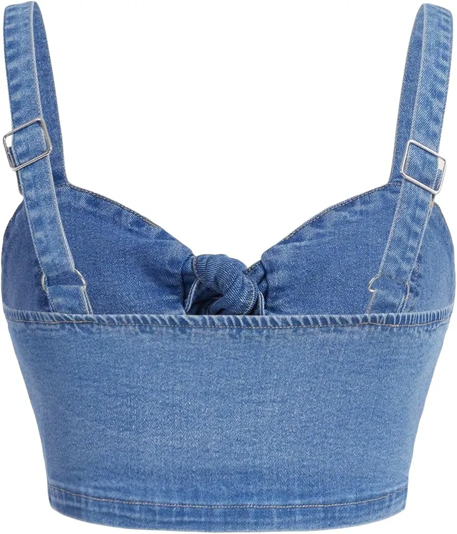 Women's Backless Denim Cami Crop Top Sweetheart Neck Button Tie Front Jean Camisole