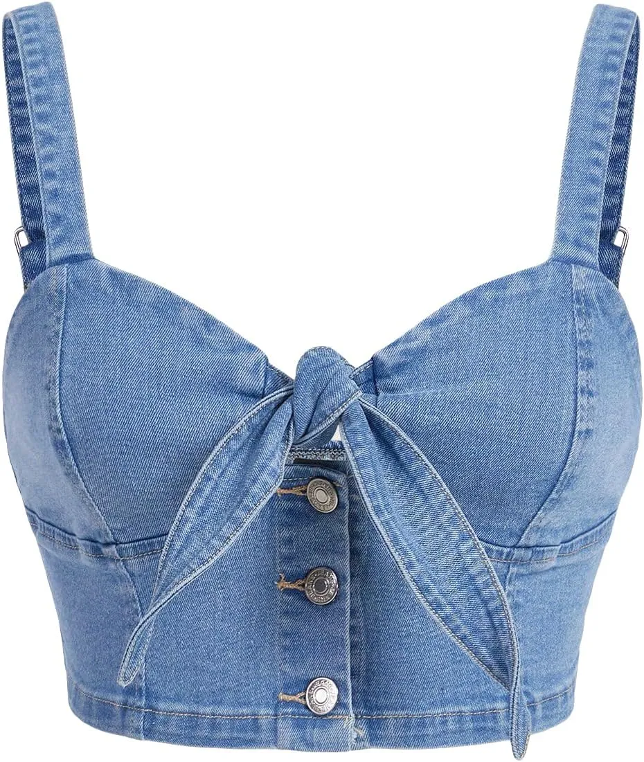 Women's Backless Denim Cami Crop Top Sweetheart Neck Button Tie Front Jean Camisole