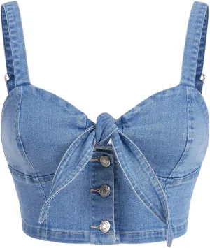 Women's Backless Denim Cami Crop Top Sweetheart Neck Button Tie Front Jean Camisole