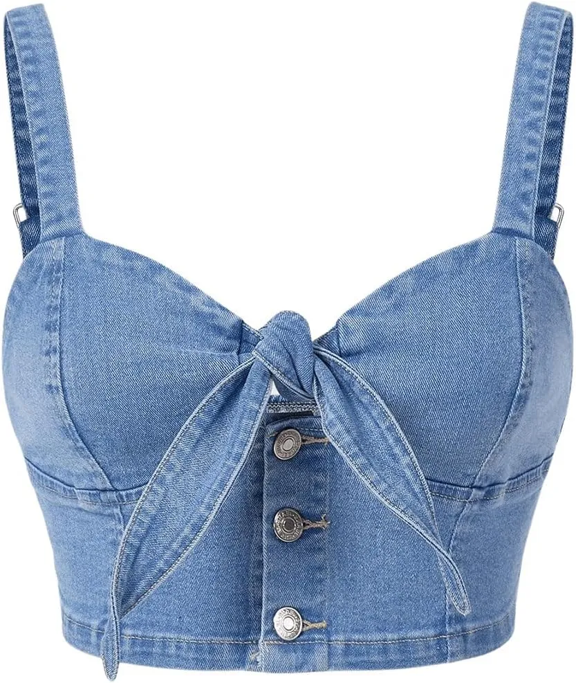 Women's Backless Denim Cami Crop Top Sweetheart Neck Button Tie Front Jean Camisole