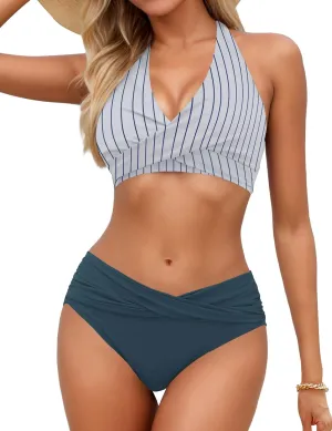Women's Bikini Sets Twist Front Two Piece Swimsuit Halter Bathing Suit