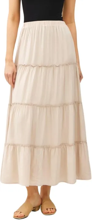 Womens Boho Tiered Solid Maxi Skirt Elastic High Waist Midi Skirt A-Line Pleated Summer Long Skirts