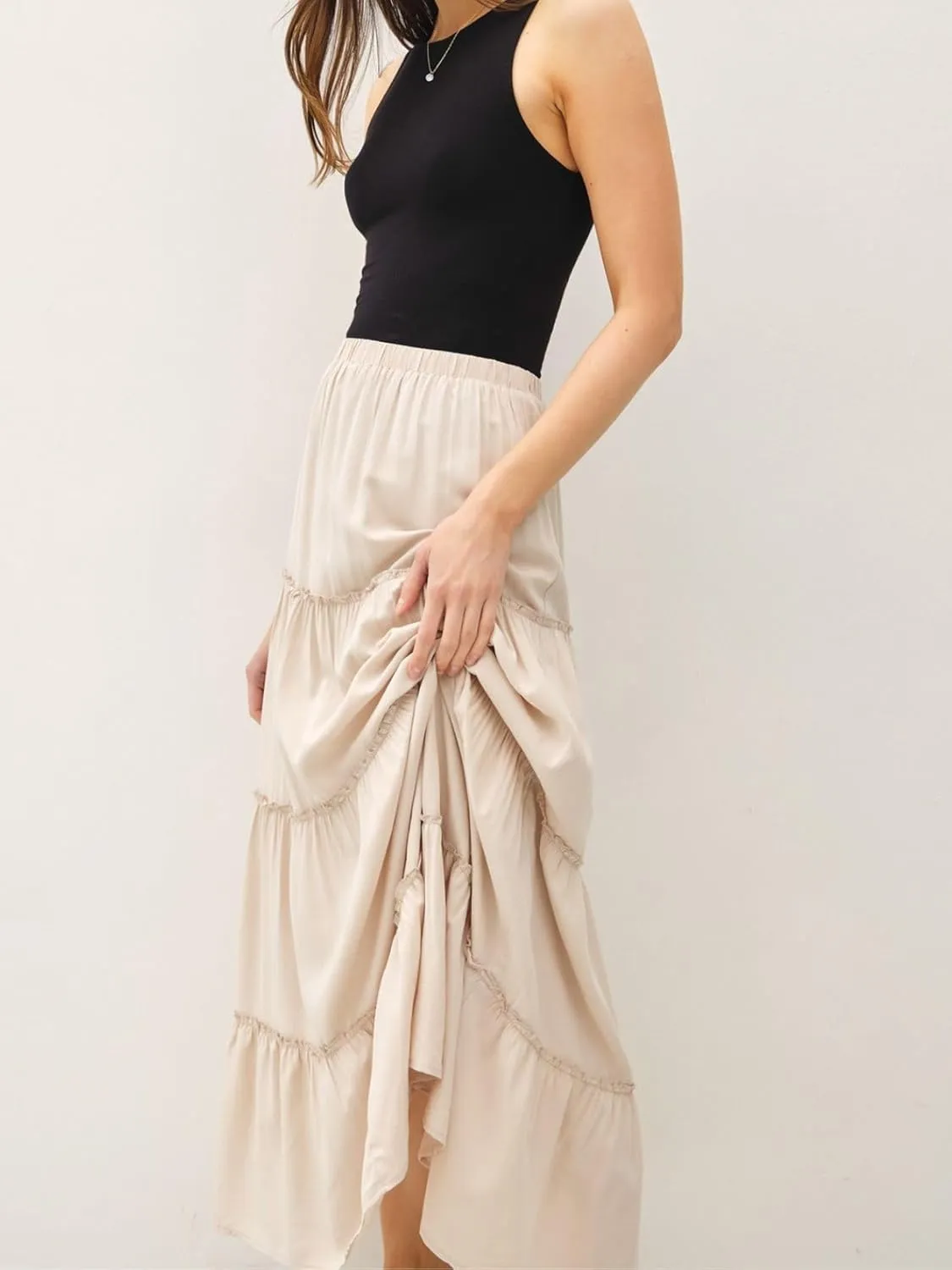 Womens Boho Tiered Solid Maxi Skirt Elastic High Waist Midi Skirt A-Line Pleated Summer Long Skirts