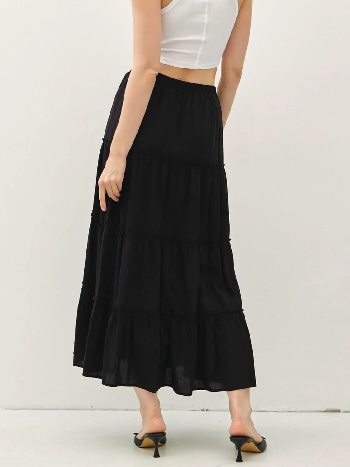 Womens Boho Tiered Solid Maxi Skirt Elastic High Waist Midi Skirt A-Line Pleated Summer Long Skirts