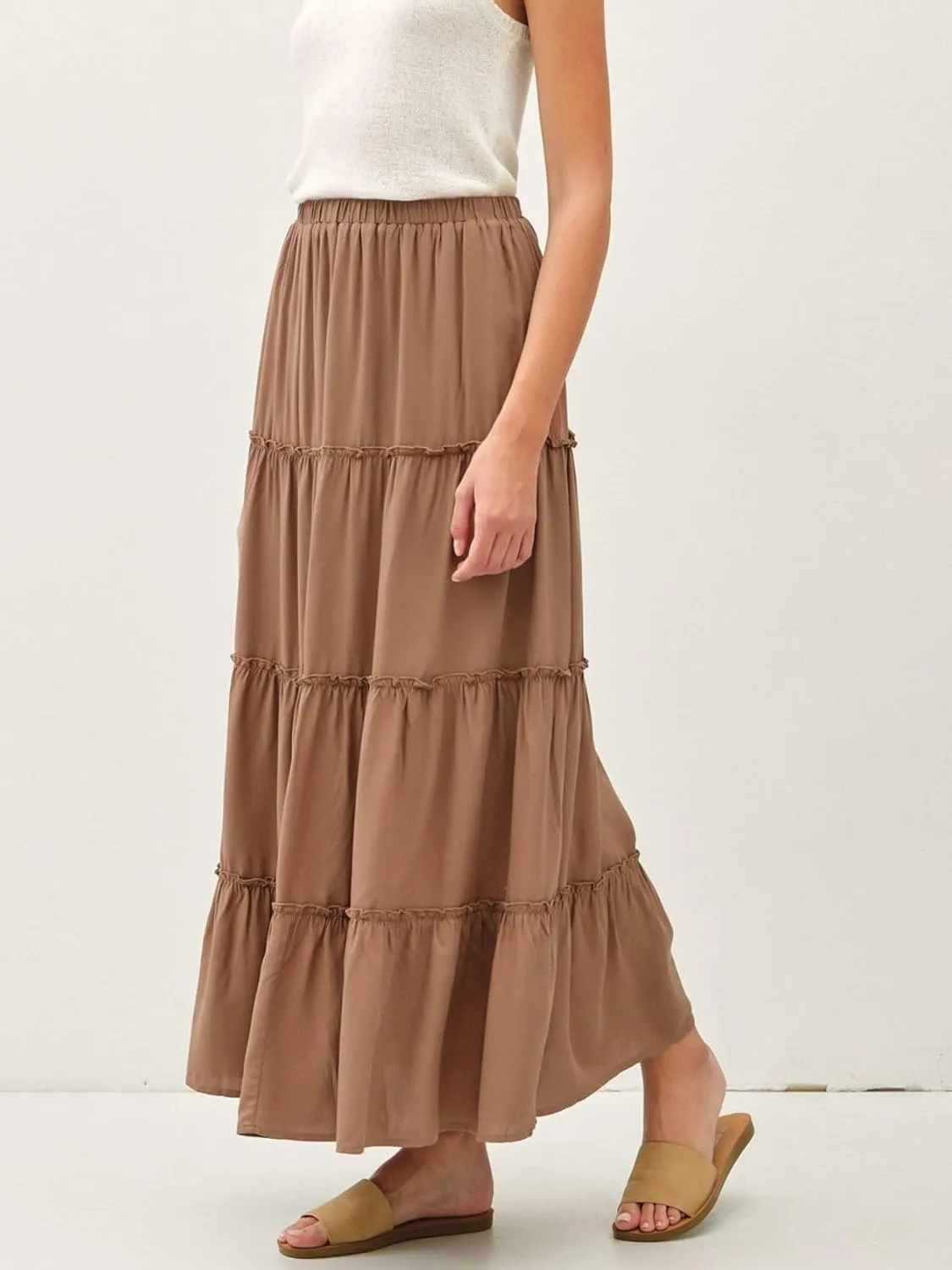 Womens Boho Tiered Solid Maxi Skirt Elastic High Waist Midi Skirt A-Line Pleated Summer Long Skirts