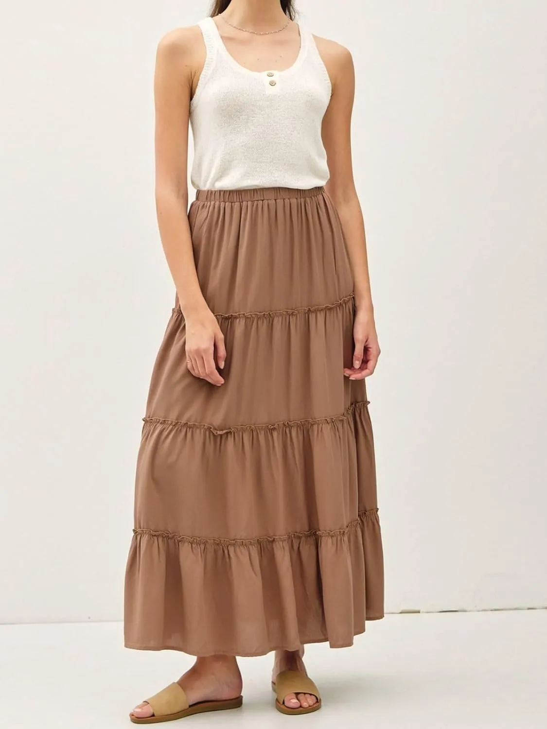 Womens Boho Tiered Solid Maxi Skirt Elastic High Waist Midi Skirt A-Line Pleated Summer Long Skirts