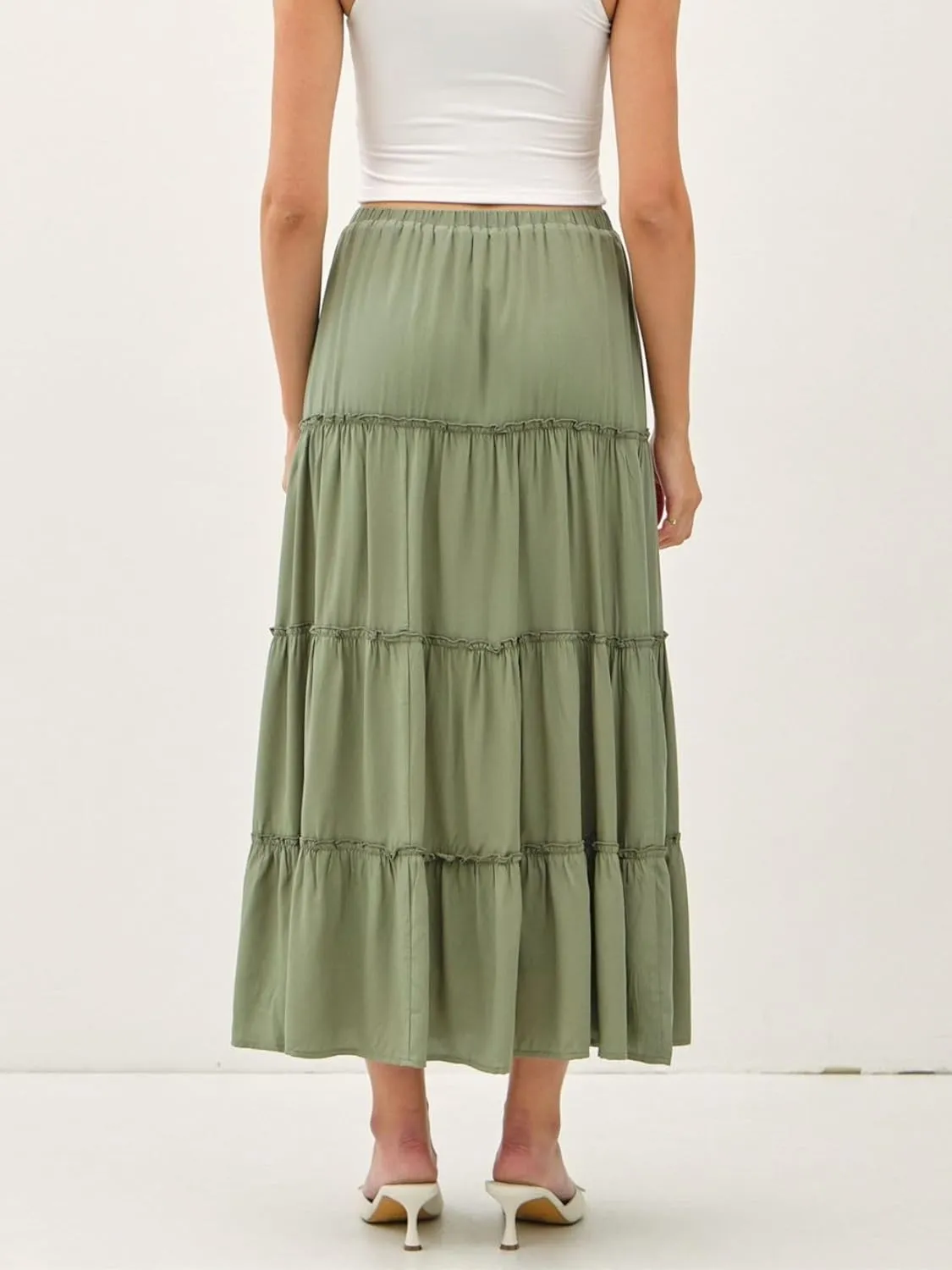 Womens Boho Tiered Solid Maxi Skirt Elastic High Waist Midi Skirt A-Line Pleated Summer Long Skirts