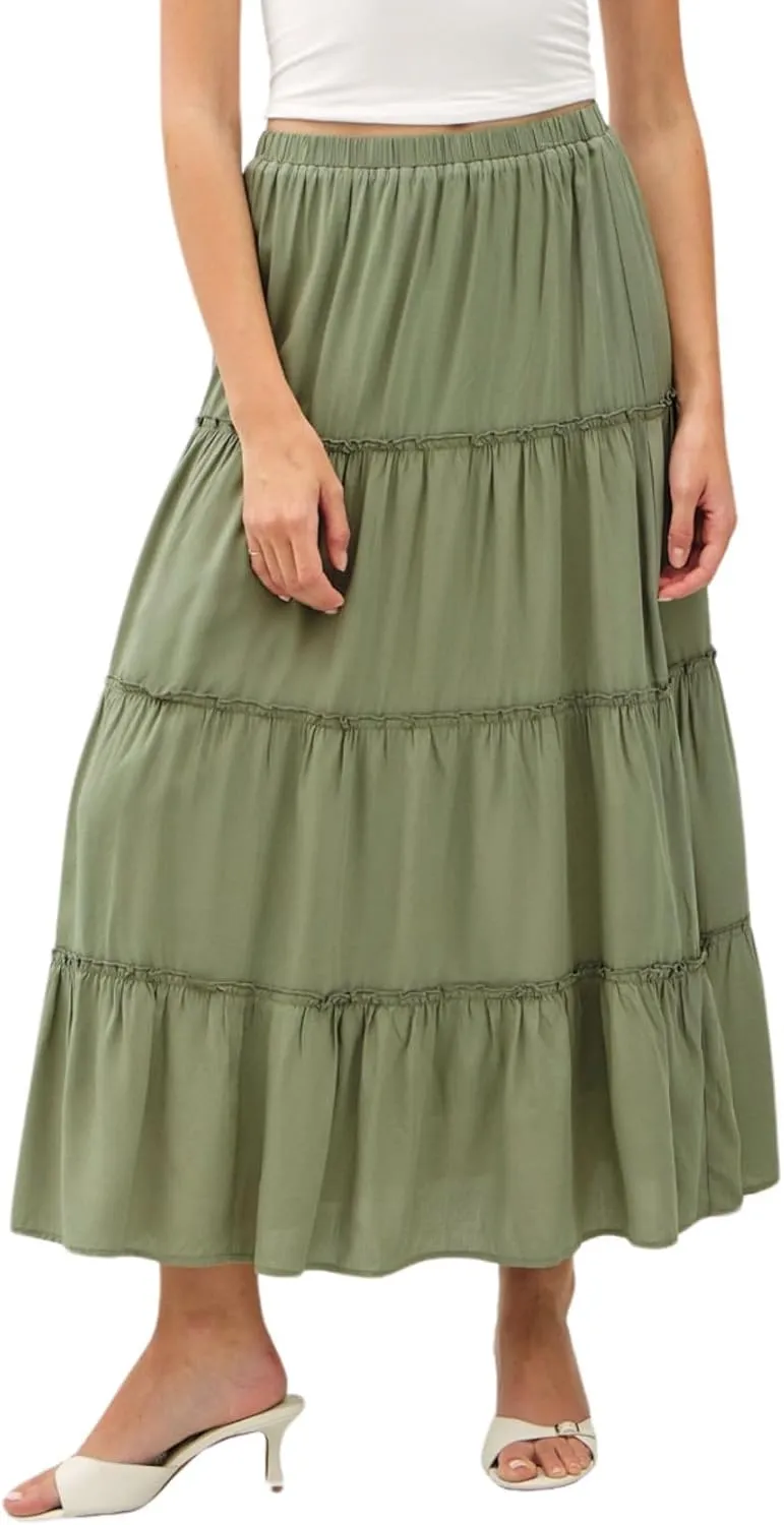 Womens Boho Tiered Solid Maxi Skirt Elastic High Waist Midi Skirt A-Line Pleated Summer Long Skirts