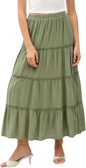 Womens Boho Tiered Solid Maxi Skirt Elastic High Waist Midi Skirt A-Line Pleated Summer Long Skirts