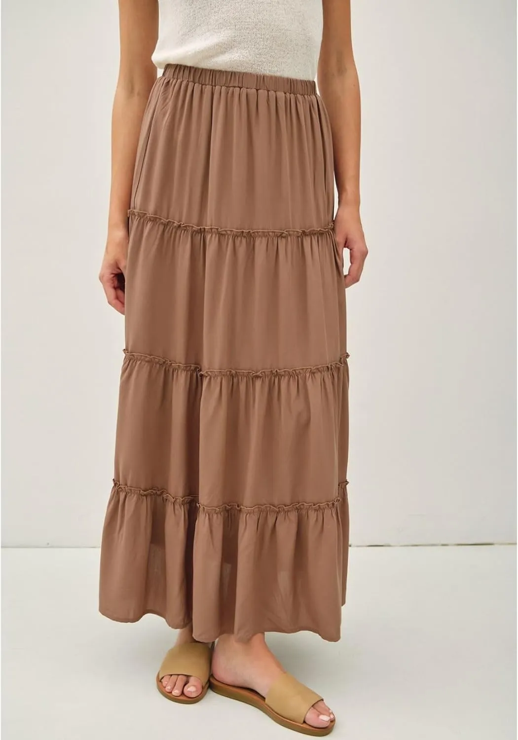 Womens Boho Tiered Solid Maxi Skirt Elastic High Waist Midi Skirt A-Line Pleated Summer Long Skirts