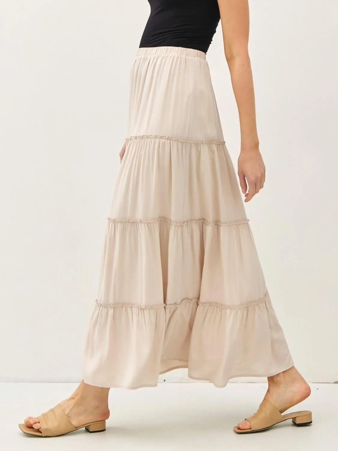 Womens Boho Tiered Solid Maxi Skirt Elastic High Waist Midi Skirt A-Line Pleated Summer Long Skirts