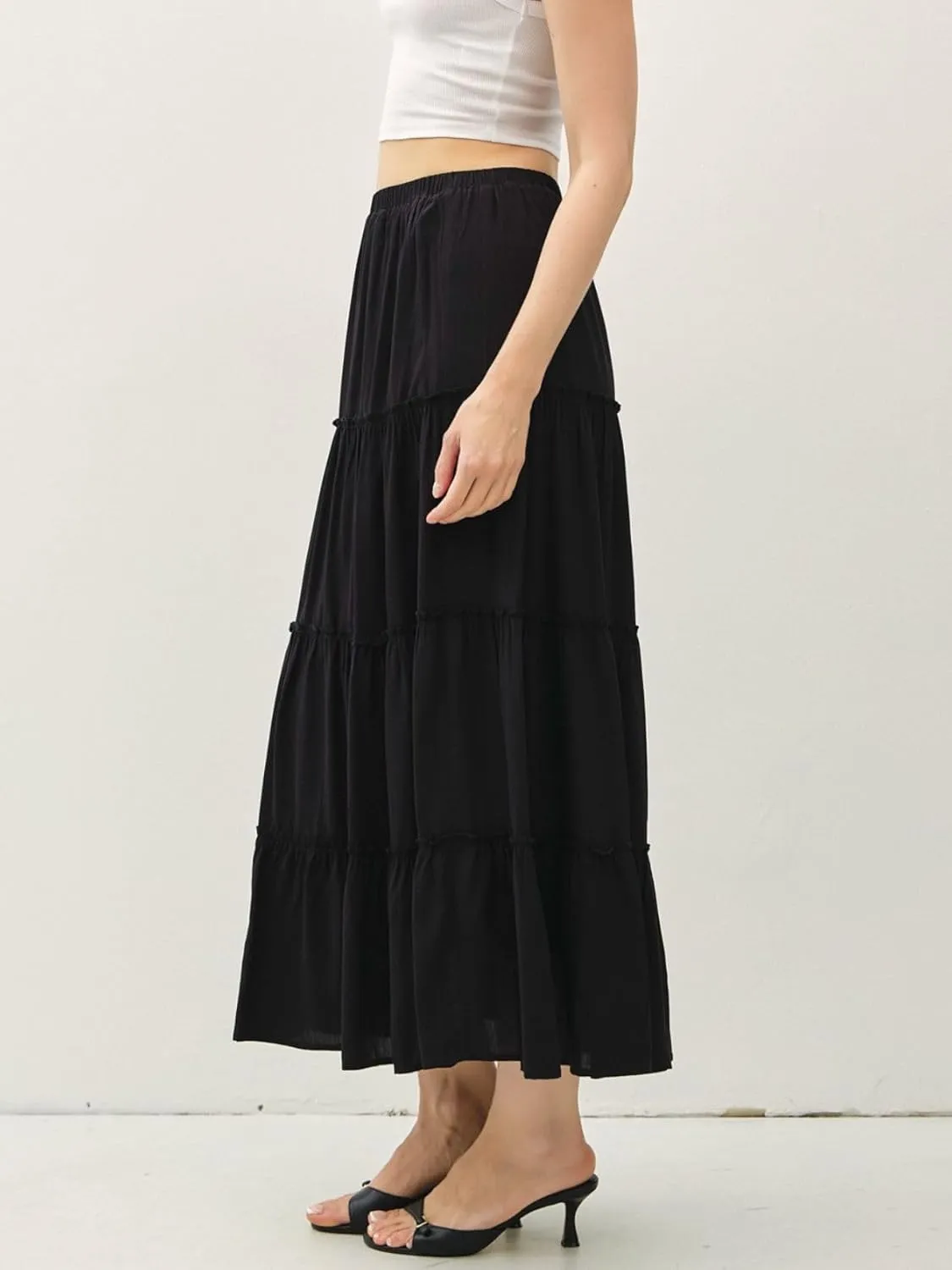 Womens Boho Tiered Solid Maxi Skirt Elastic High Waist Midi Skirt A-Line Pleated Summer Long Skirts