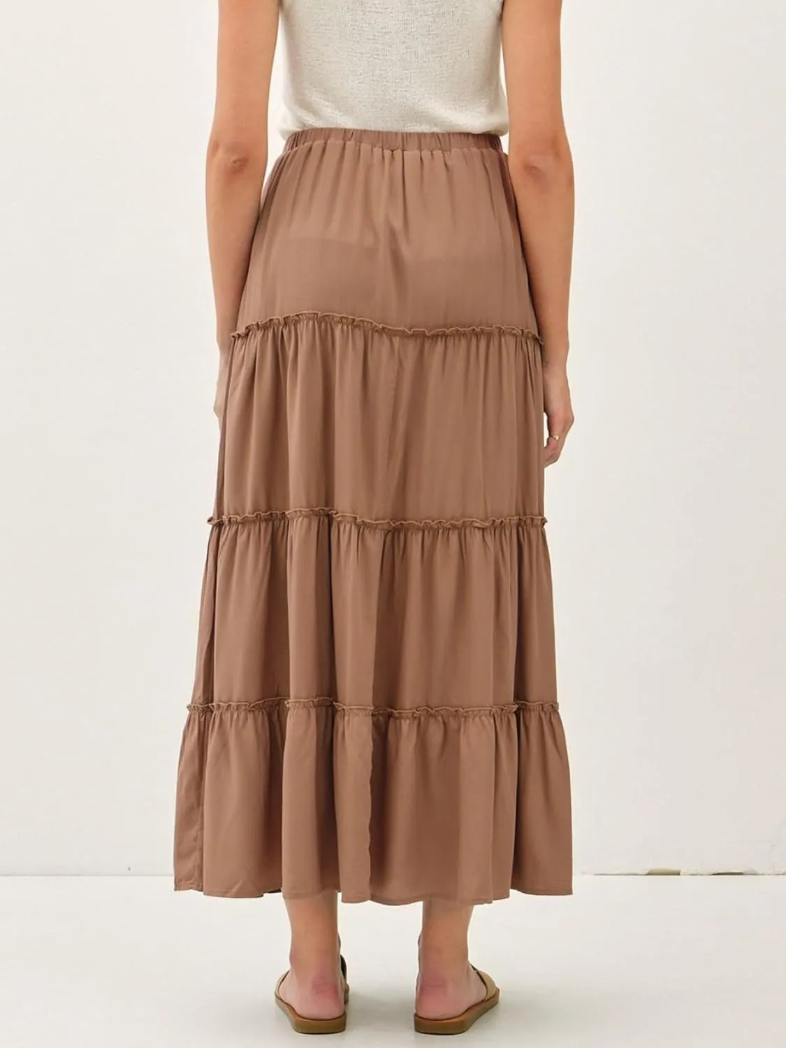 Womens Boho Tiered Solid Maxi Skirt Elastic High Waist Midi Skirt A-Line Pleated Summer Long Skirts