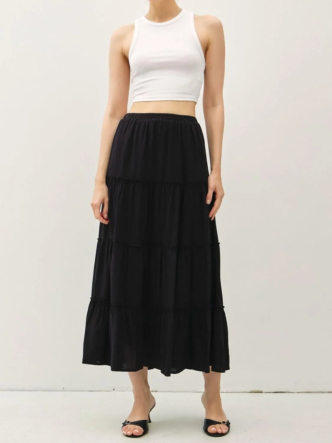 Womens Boho Tiered Solid Maxi Skirt Elastic High Waist Midi Skirt A-Line Pleated Summer Long Skirts