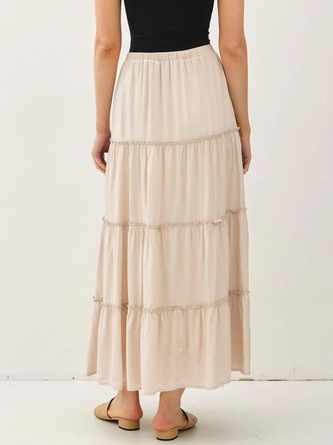 Womens Boho Tiered Solid Maxi Skirt Elastic High Waist Midi Skirt A-Line Pleated Summer Long Skirts