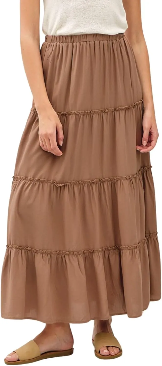 Womens Boho Tiered Solid Maxi Skirt Elastic High Waist Midi Skirt A-Line Pleated Summer Long Skirts