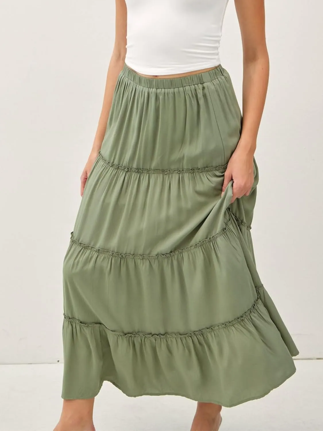 Womens Boho Tiered Solid Maxi Skirt Elastic High Waist Midi Skirt A-Line Pleated Summer Long Skirts