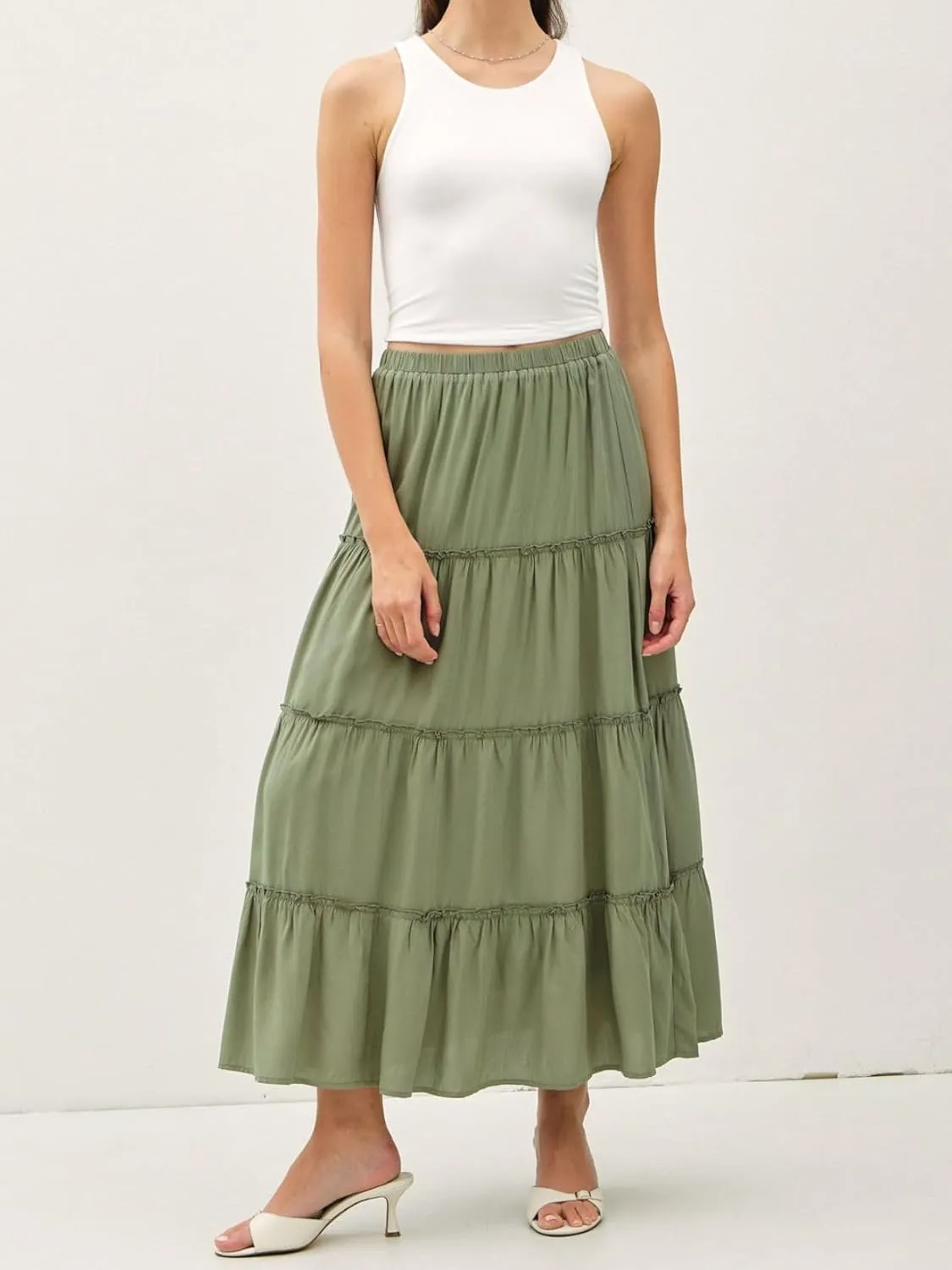 Womens Boho Tiered Solid Maxi Skirt Elastic High Waist Midi Skirt A-Line Pleated Summer Long Skirts