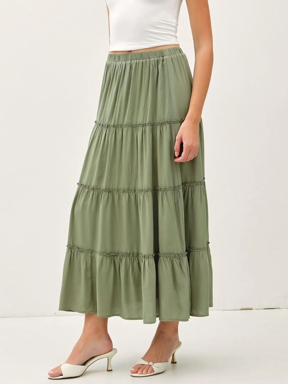 Womens Boho Tiered Solid Maxi Skirt Elastic High Waist Midi Skirt A-Line Pleated Summer Long Skirts