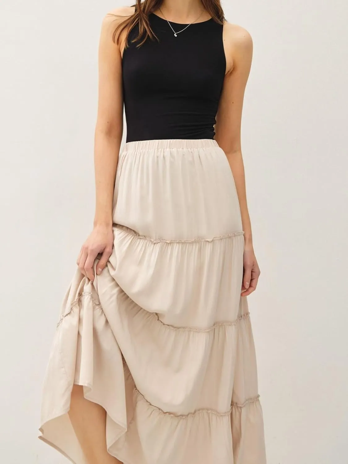 Womens Boho Tiered Solid Maxi Skirt Elastic High Waist Midi Skirt A-Line Pleated Summer Long Skirts