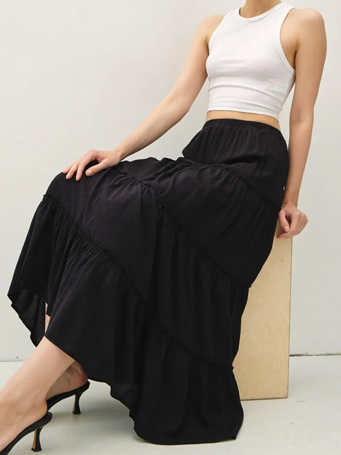 Womens Boho Tiered Solid Maxi Skirt Elastic High Waist Midi Skirt A-Line Pleated Summer Long Skirts