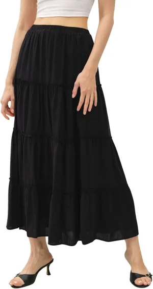Womens Boho Tiered Solid Maxi Skirt Elastic High Waist Midi Skirt A-Line Pleated Summer Long Skirts
