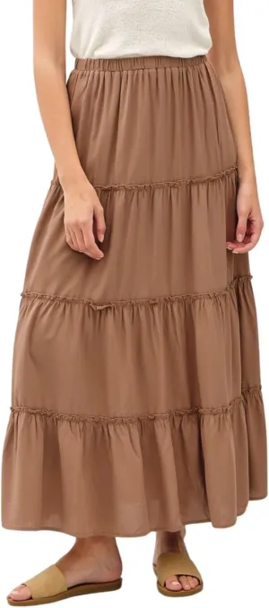 Womens Boho Tiered Solid Maxi Skirt Elastic High Waist Midi Skirt A-Line Pleated Summer Long Skirts
