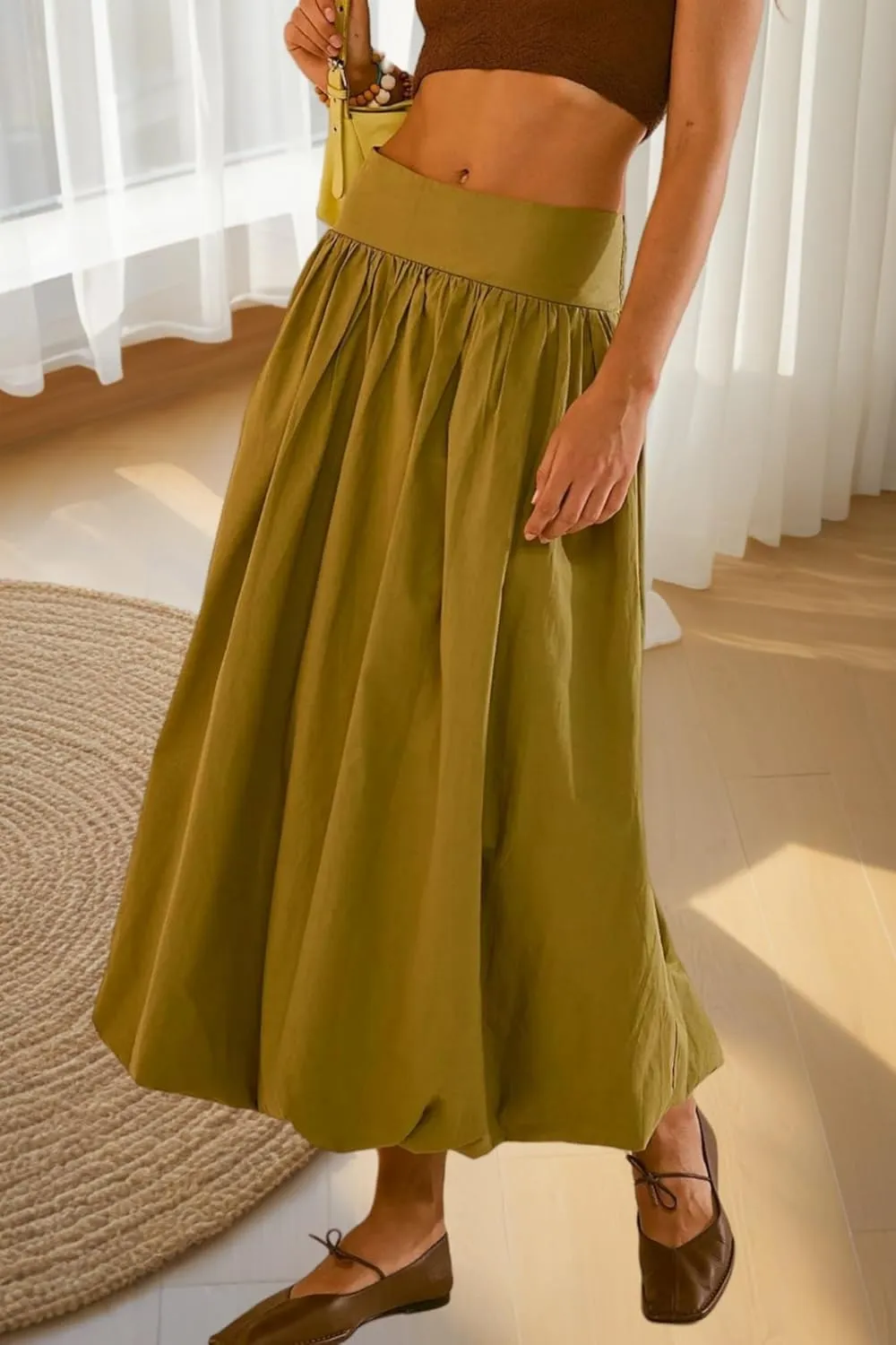 Women's Bubble Maxi Skirts Y2k a Line Long Skirt, Low Elastic Waist a Line Long Skirt Casual Ruffle Pleated Midi Dress