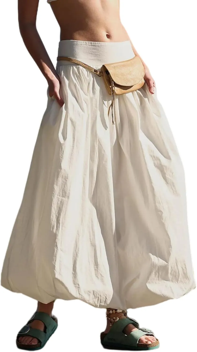 Women's Bubble Maxi Skirts Y2k a Line Long Skirt, Low Elastic Waist a Line Long Skirt Casual Ruffle Pleated Midi Dress