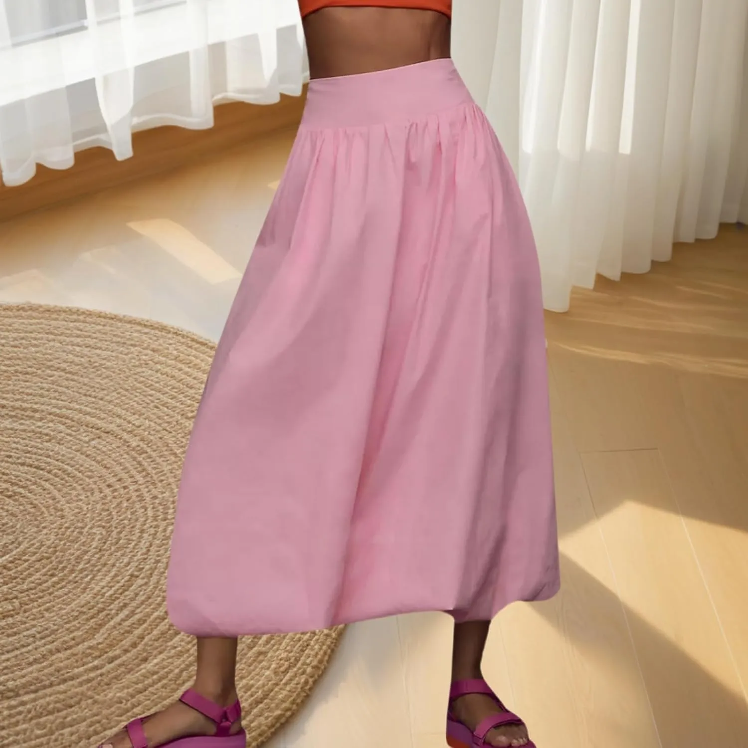 Women's Bubble Maxi Skirts Y2k a Line Long Skirt, Low Elastic Waist a Line Long Skirt Casual Ruffle Pleated Midi Dress