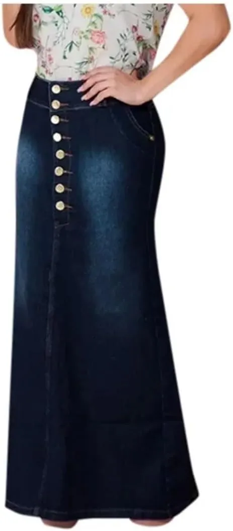 Women's Casual Front Button A-Line Denim Skirts High Waisted Solid Casual Long Jean Skirt
