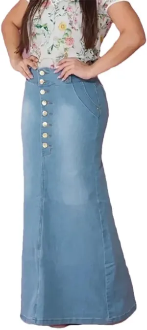 Women's Casual Front Button A-Line Denim Skirts High Waisted Solid Casual Long Jean Skirt