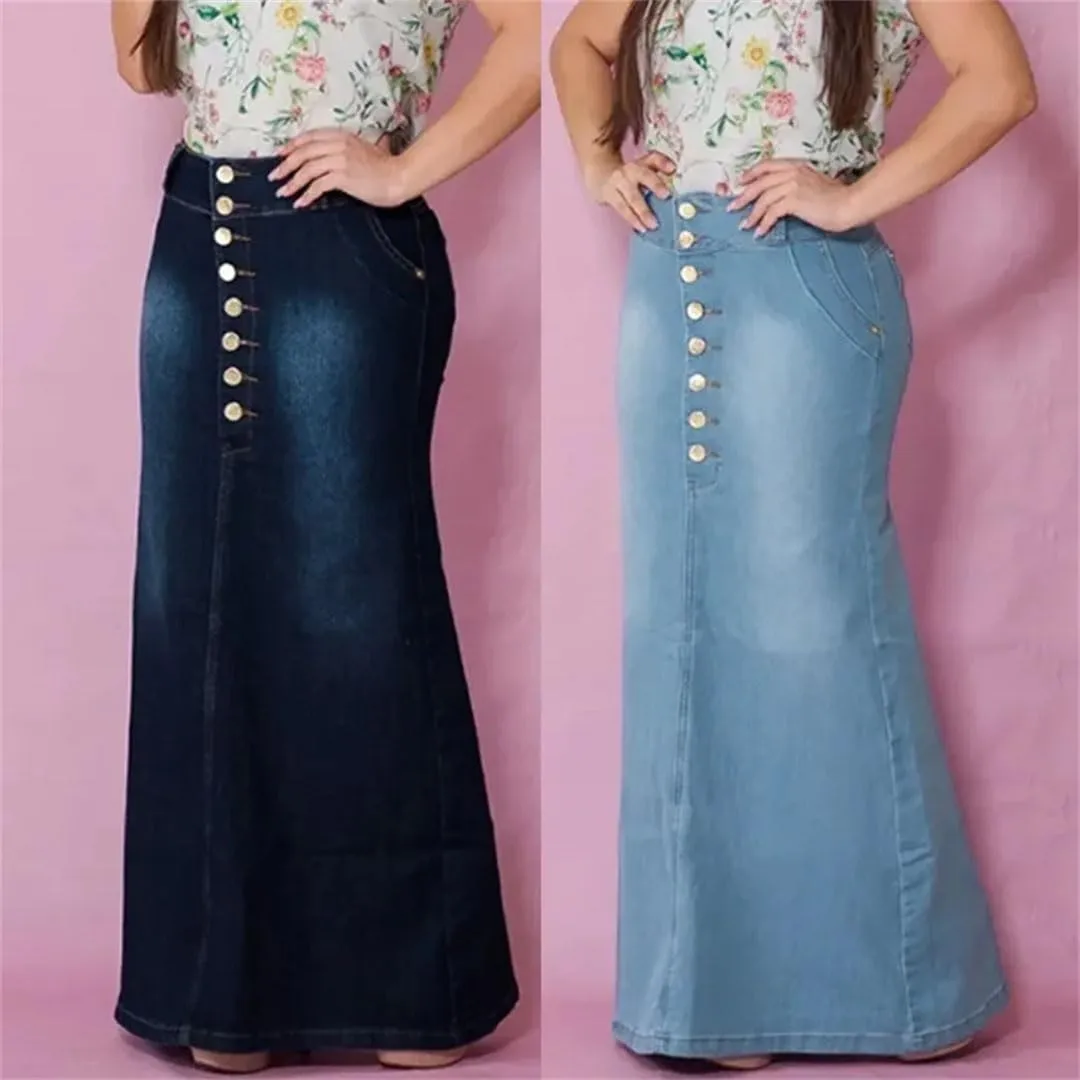 Women's Casual Front Button A-Line Denim Skirts High Waisted Solid Casual Long Jean Skirt