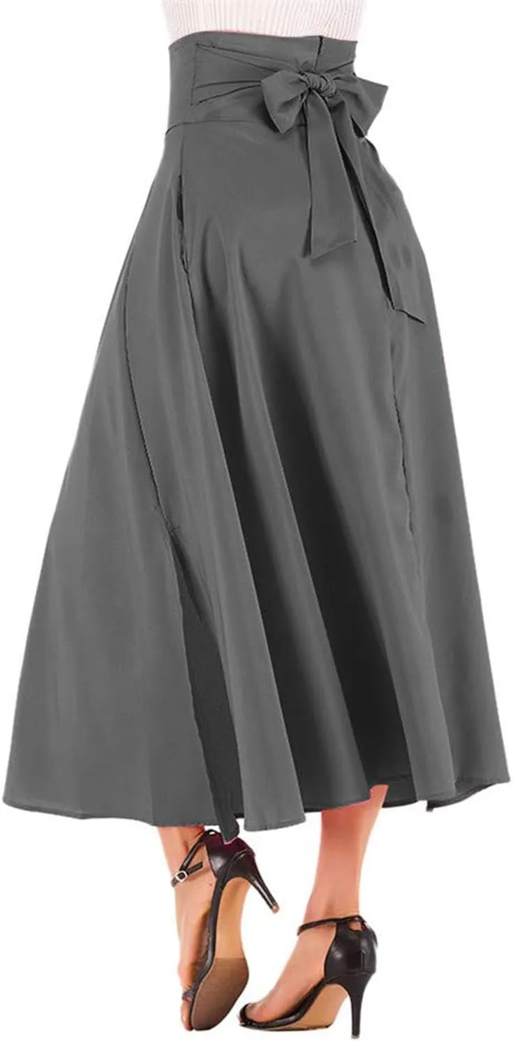 Women's Casual High-Waisted Pleated Maxi Skirt with PocketsSolid Long Vintage Strappy Skirt