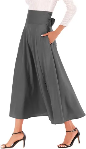 Women's Casual High-Waisted Pleated Maxi Skirt with PocketsSolid Long Vintage Strappy Skirt