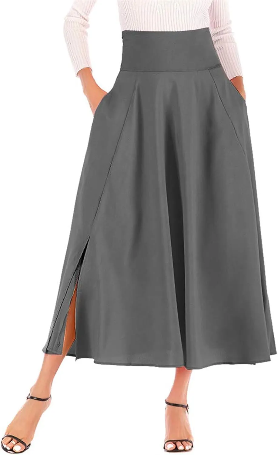 Women's Casual High-Waisted Pleated Maxi Skirt with PocketsSolid Long Vintage Strappy Skirt
