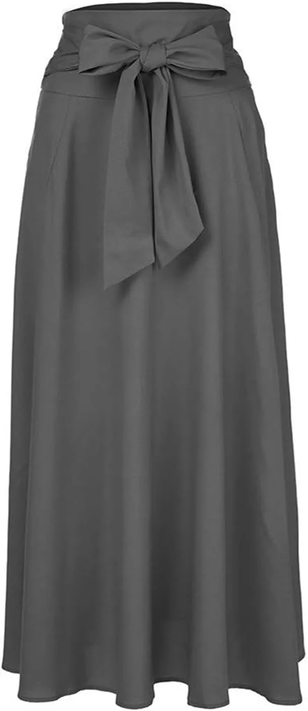 Women's Casual High-Waisted Pleated Maxi Skirt with PocketsSolid Long Vintage Strappy Skirt