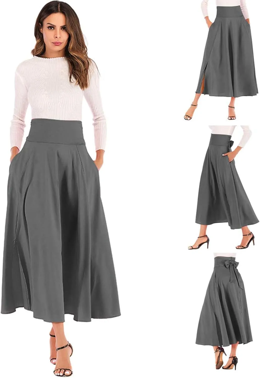 Women's Casual High-Waisted Pleated Maxi Skirt with PocketsSolid Long Vintage Strappy Skirt