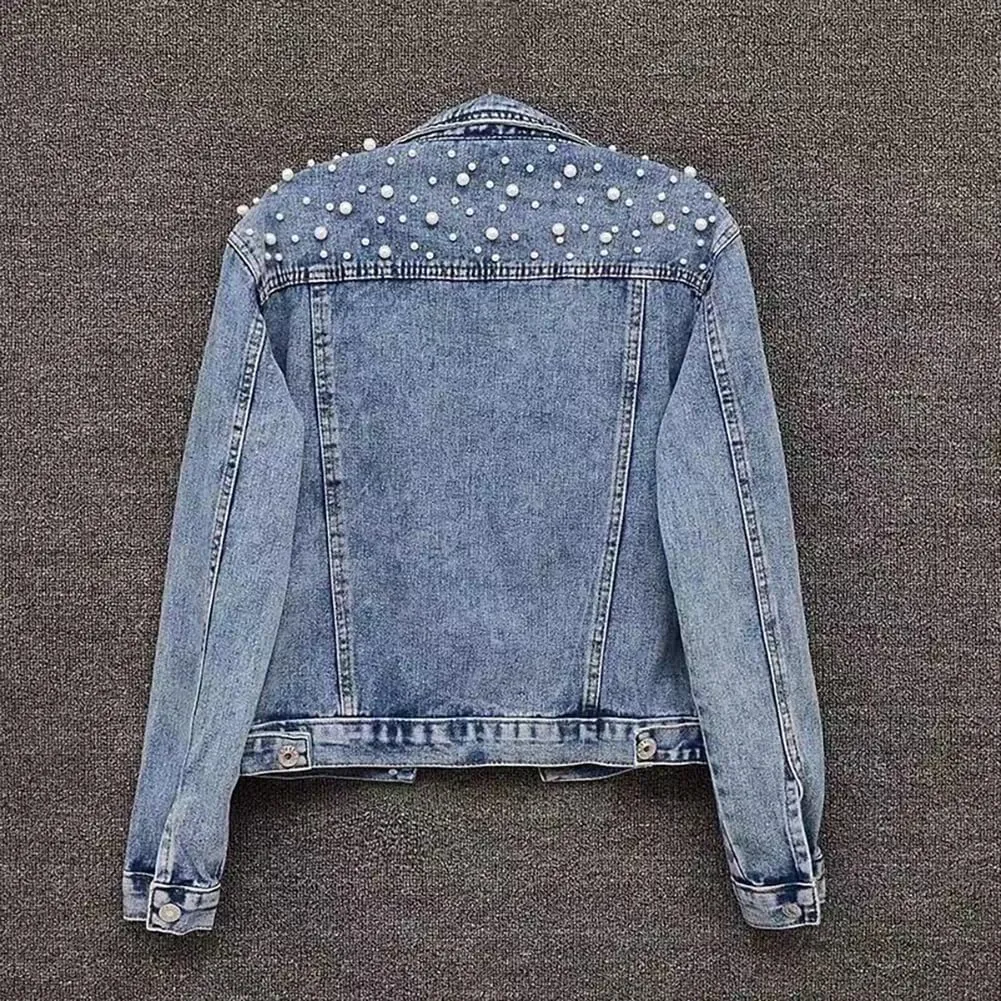 Women's Casual Pearl Beading Denim Jacket Long Sleeve Jean Coat
