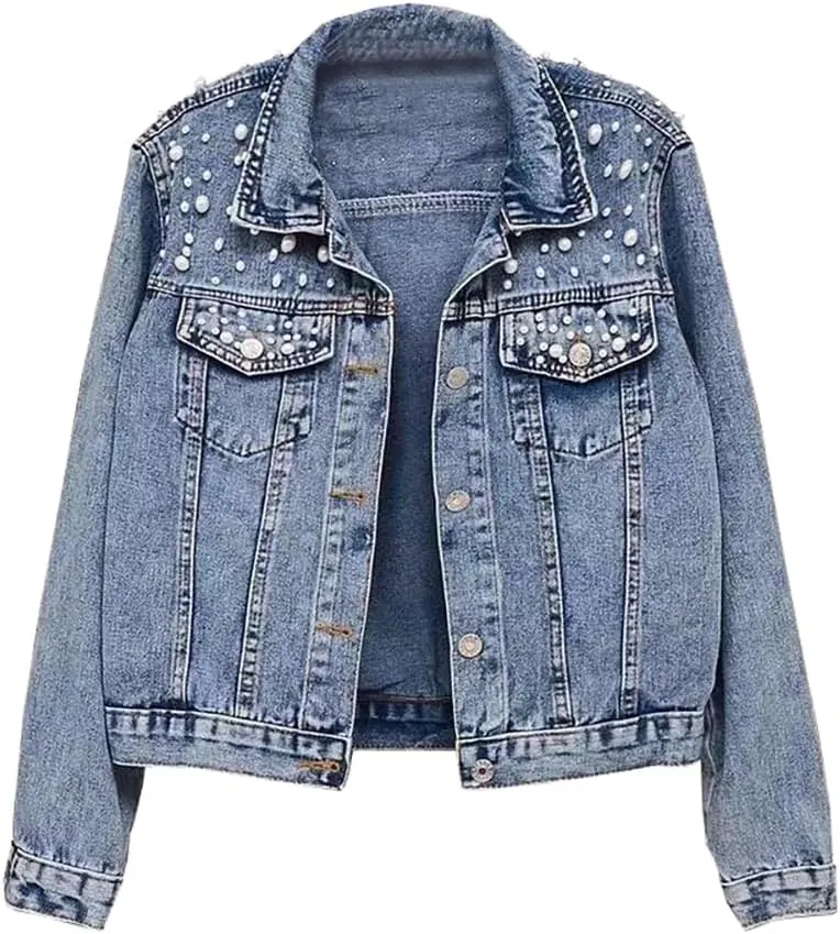 Women's Casual Pearl Beading Denim Jacket Long Sleeve Jean Coat