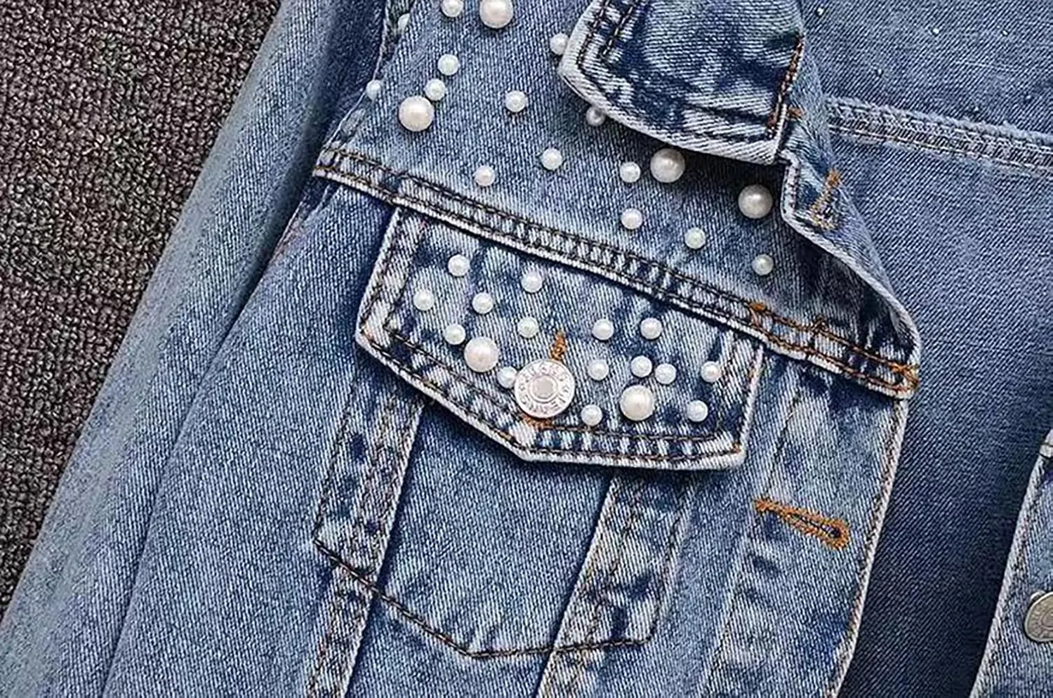 Women's Casual Pearl Beading Denim Jacket Long Sleeve Jean Coat