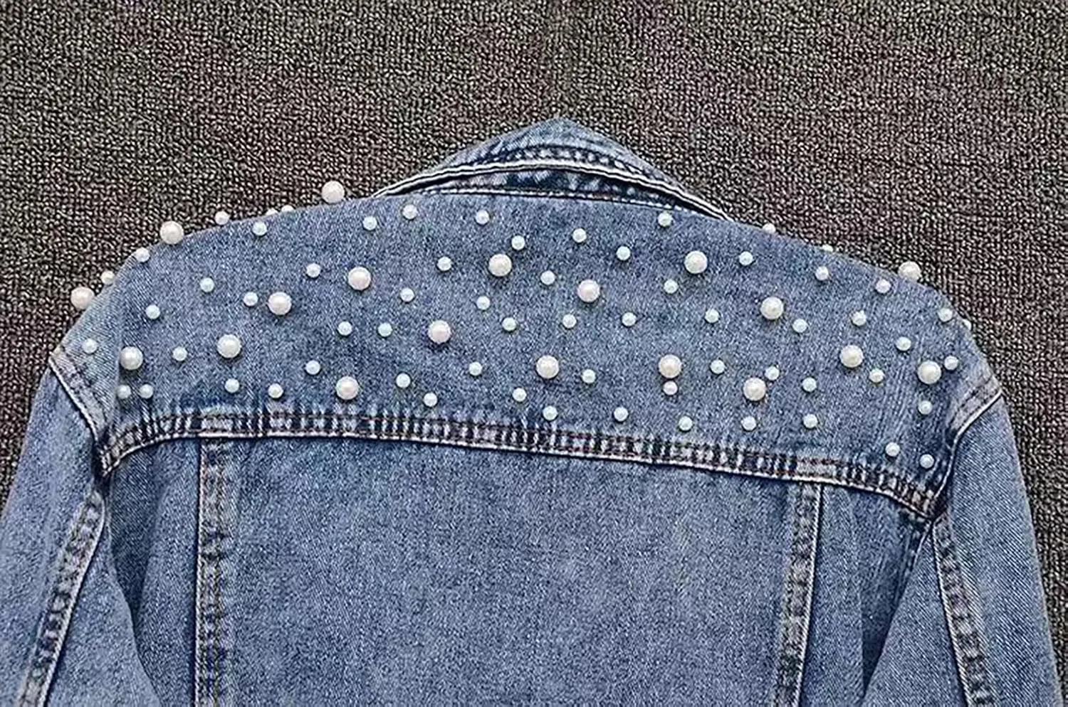 Women's Casual Pearl Beading Denim Jacket Long Sleeve Jean Coat