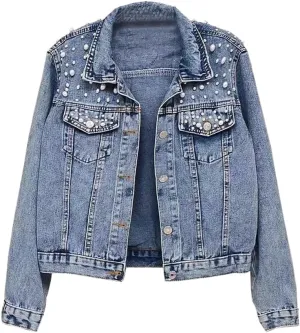 Women's Casual Pearl Beading Denim Jacket Long Sleeve Jean Coat