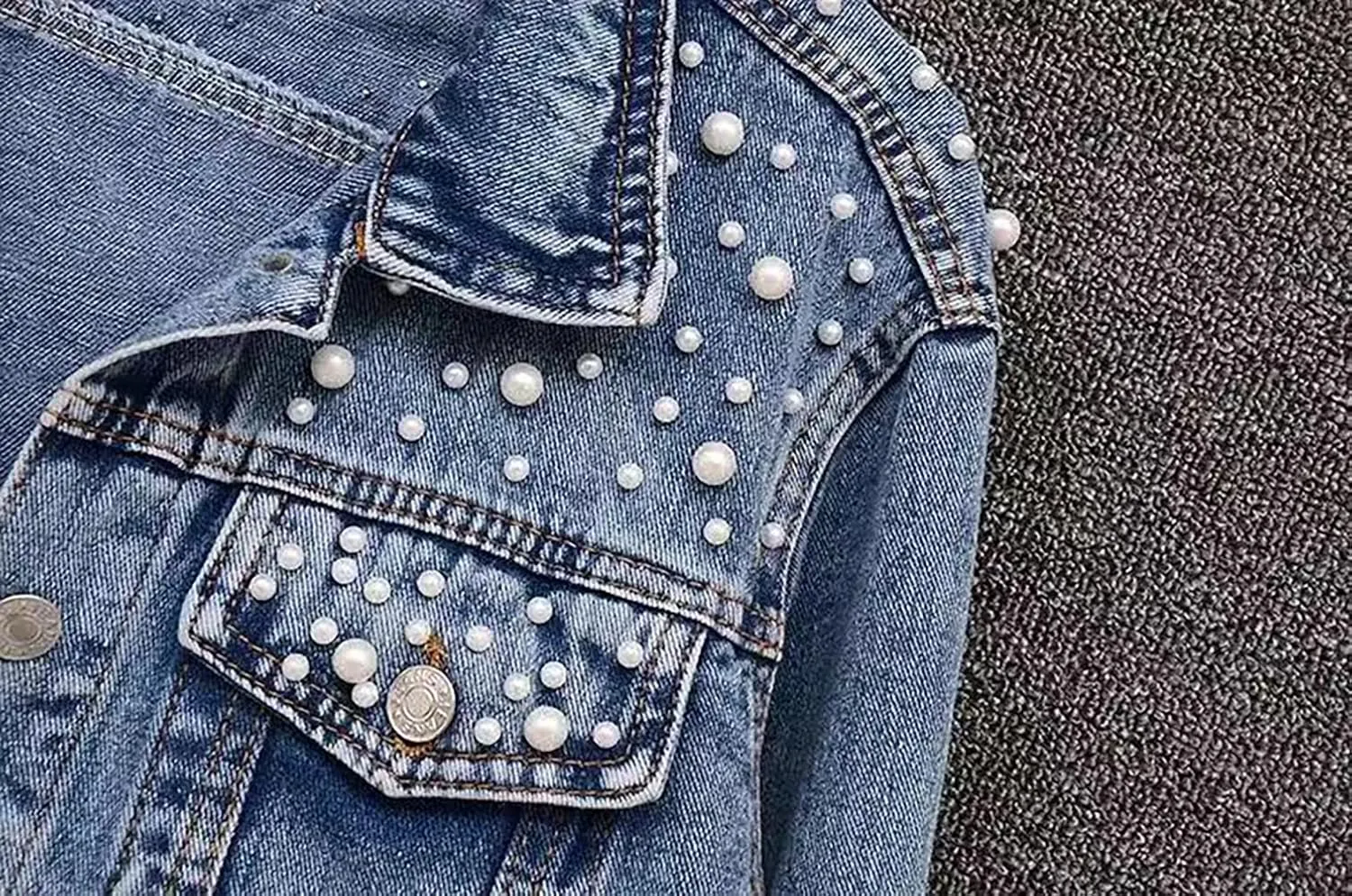 Women's Casual Pearl Beading Denim Jacket Long Sleeve Jean Coat