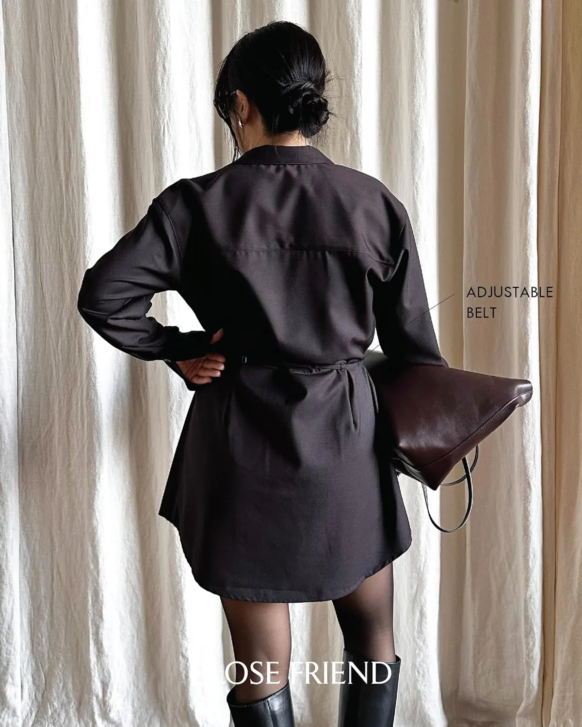 Women's Classy Casual Formal Shirt Dress Adjustable Waist Belt Collar Button Down Long Sleeve Mini Dresses