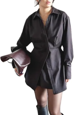 Women's Classy Casual Formal Shirt Dress Adjustable Waist Belt Collar Button Down Long Sleeve Mini Dresses