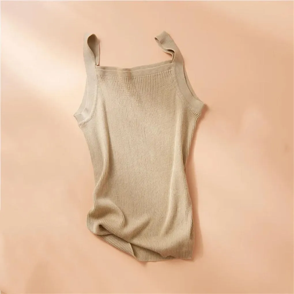 Women's Cotton Camisole Vest Wide Shoulder Straps Bottom Top Solid Sleeveless Tank