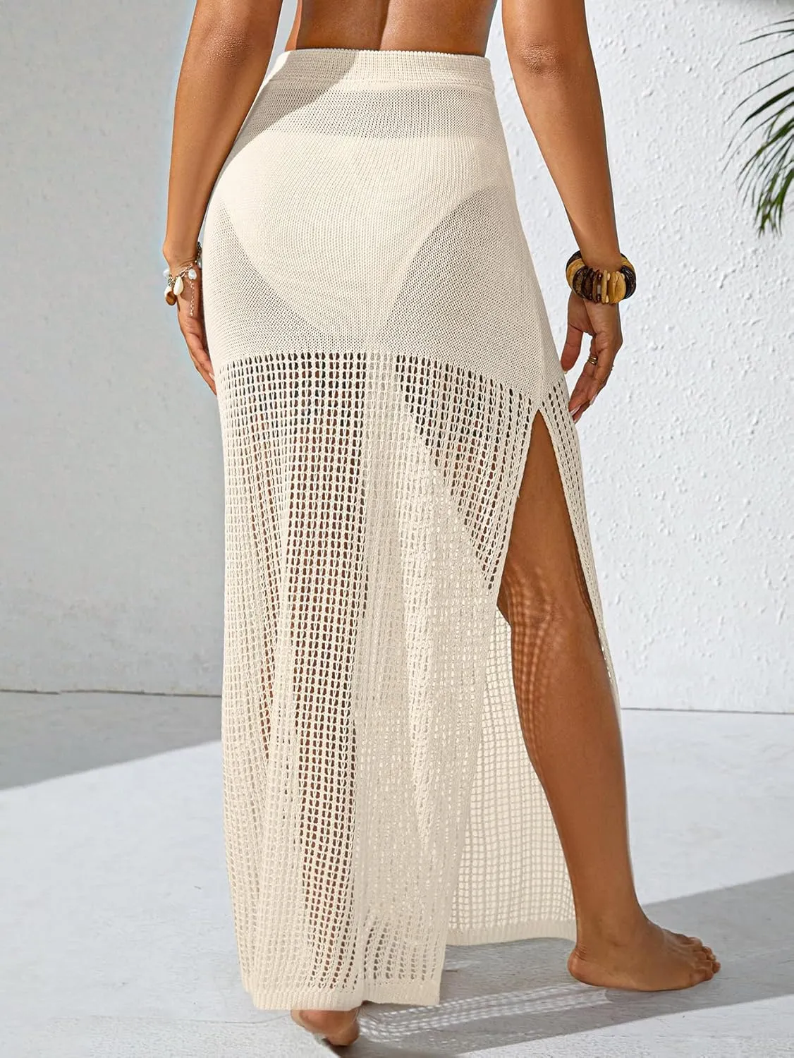 Womens Crochet Elastic Waist Beach Skirt Summer 2025 Hollow Out Sheer Side Slit Bathing Suit Cover Up Maxi Skirt