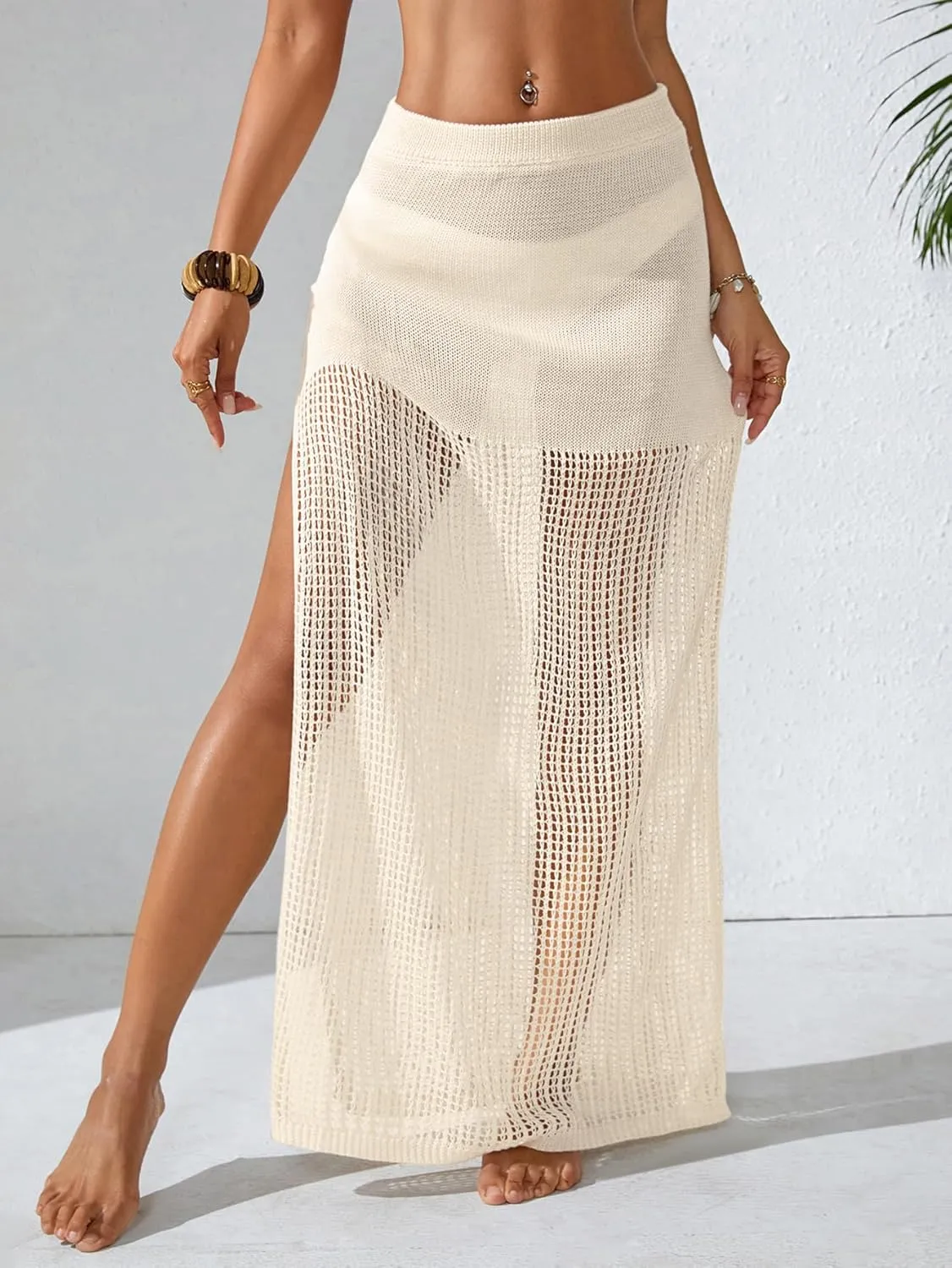 Womens Crochet Elastic Waist Beach Skirt Summer 2025 Hollow Out Sheer Side Slit Bathing Suit Cover Up Maxi Skirt